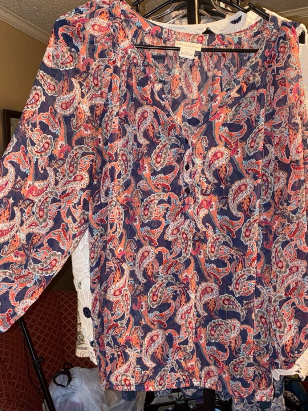 Liz Claiborne Navy Paisley V-Neck Blouse with Coral and Cream Accents